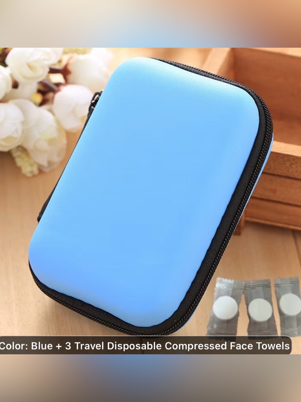 Blue Accessory Case with Zipper and travel disposable compressed face towels